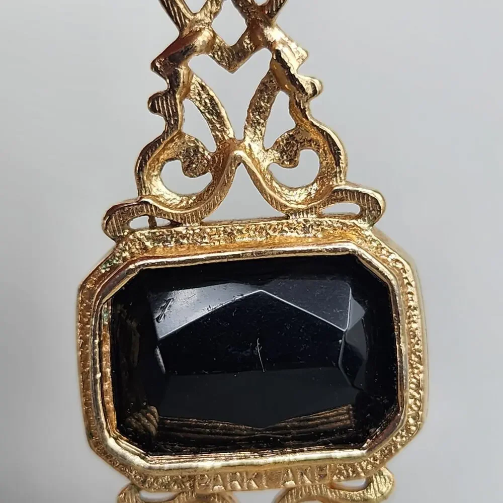 Vintage Park Lane Bar Brooch Signed 2” Gold Tone Black Faux Stone Pin Jewelry